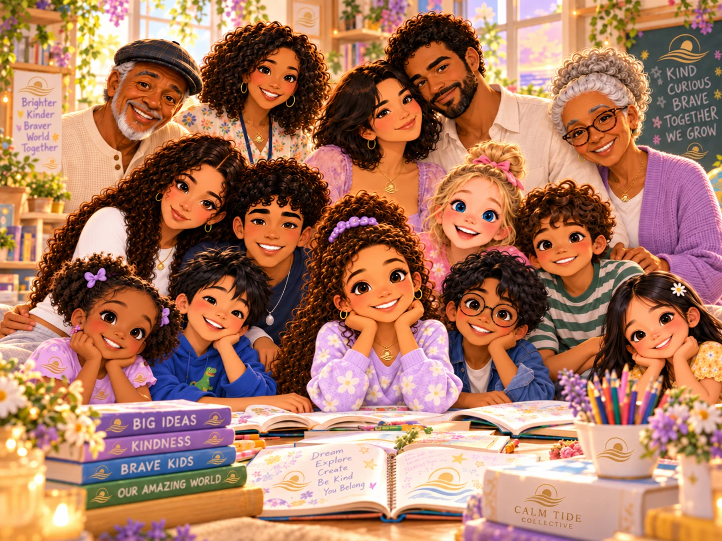 Luna surrounded by children, teens, parents and grandparents in a warm creative space.
