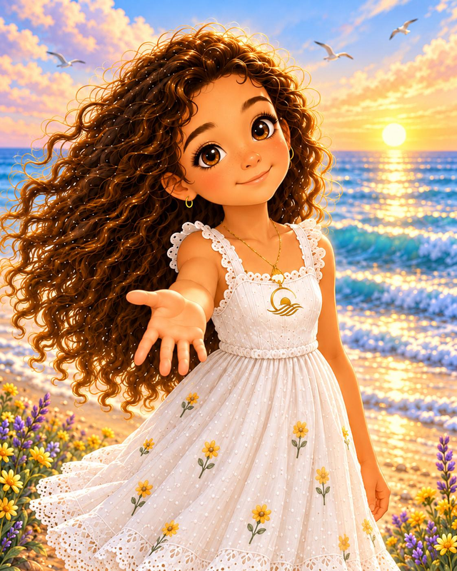 Luna in a white floral dress reaching out her hand beside the ocean at sunset.