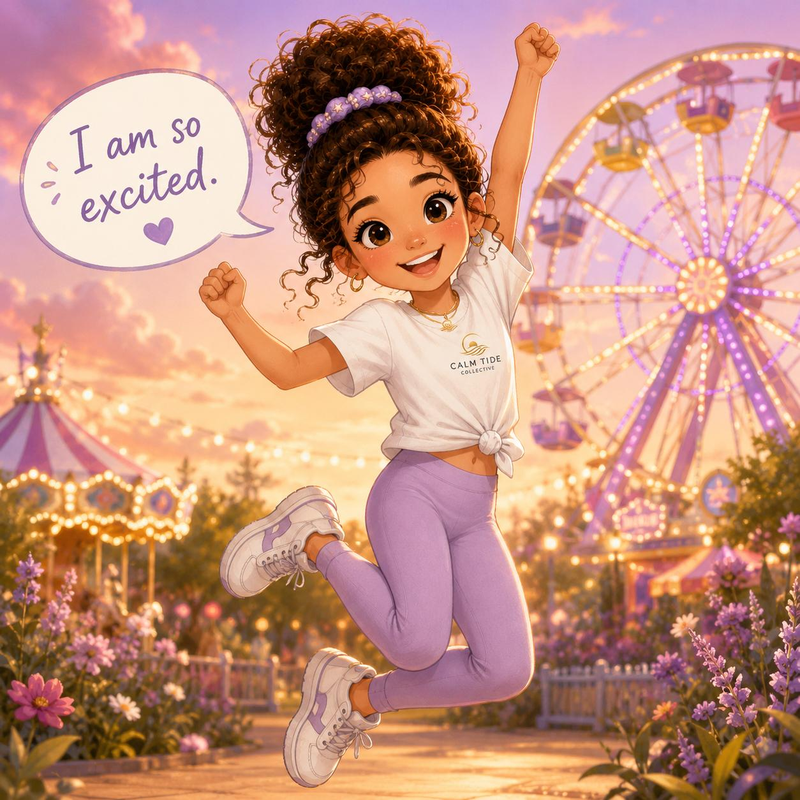Luna jumps at a carnival. A speech bubble says I am so excited.