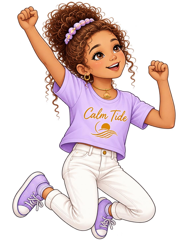 Luna jumps with joy in a lavender Calm Tide shirt and white pants.
