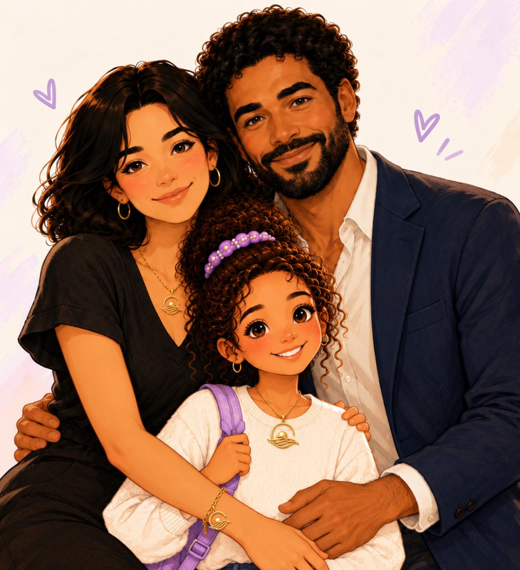 Luna with her mother Abigail and father Seth, wearing their Calm Tide necklaces.