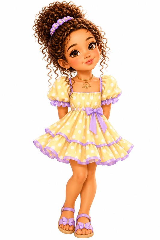 Luna in a yellow polka-dot dress with lavender bows.