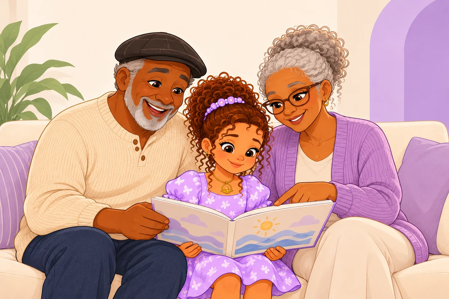 A shared moment of reading with Luna and her grandparents.