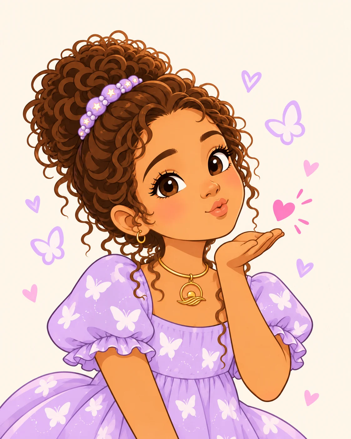 Luna, a curious girl with a curly bun and a lavender butterfly dress, blowing a kiss.