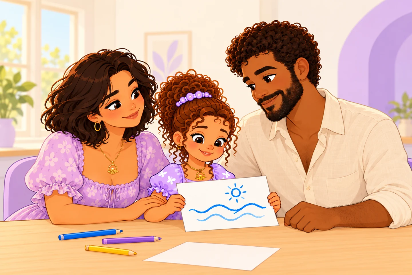 Luna shows her drawing of waves and a sun to her smiling parents at a table.